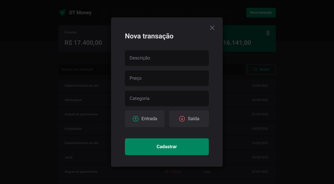 New transaction form with description, price, category and type fields inside a modal view.