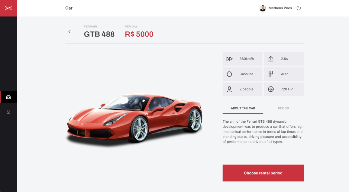 Car details page containing model, brand, all accessories, description and a button to chose rent period.