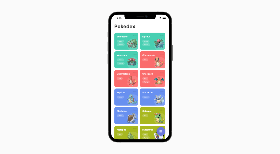 List of all Pokemons with an infinite loading and search button.